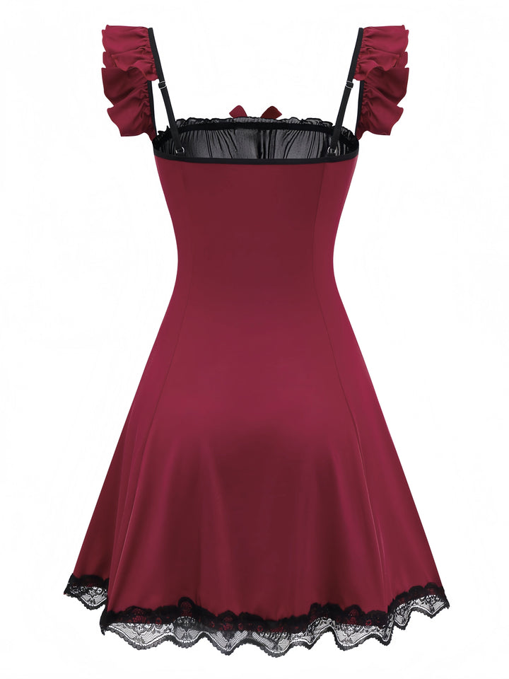 Red Bow Lace Patchwork Ruffled Nightgown - vintage nightgown, retro sleepwear, elegant red