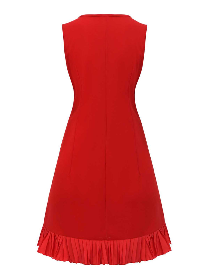 Red 1960s Bow Neck Ruffle Hem Sleeveless Dress - vintage dress, retro fashion, elegant red