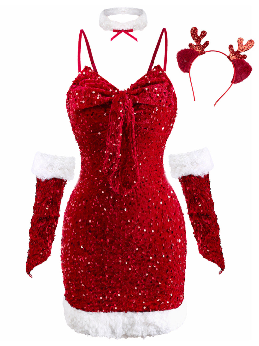 Red 1960s Christmas Sequined Twisted Dress Set - vintage dress, retro fashion, elegant red