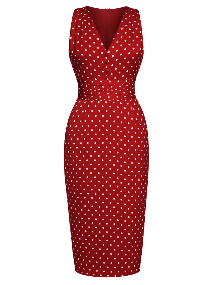 Red 1960s Dots V-Neck Pencil Dress, vintage dress, fashion - perfect for women who love vintage and fashion