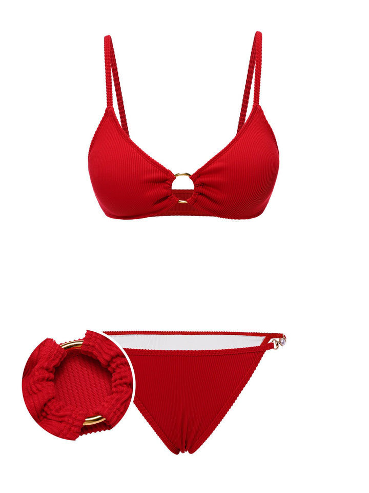 Red Glitter Ring Straps Bikini Set - vintage fashion, retro style, elegant red