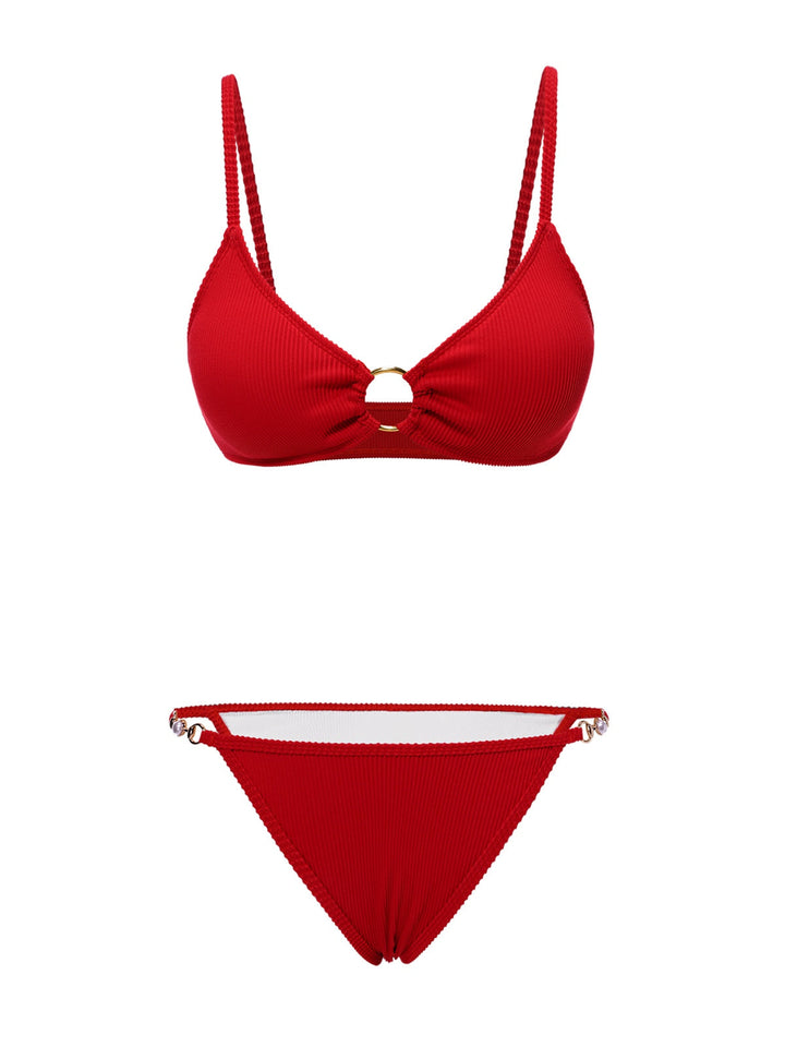 Red Glitter Ring Straps Bikini Set - vintage fashion, retro style, elegant red