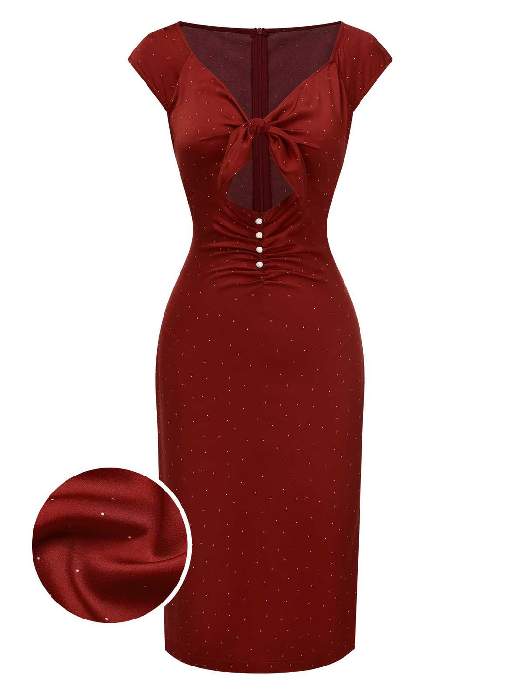 She slips into this Red 1960s Hollow Out Button Satin Dress and suddenly it&