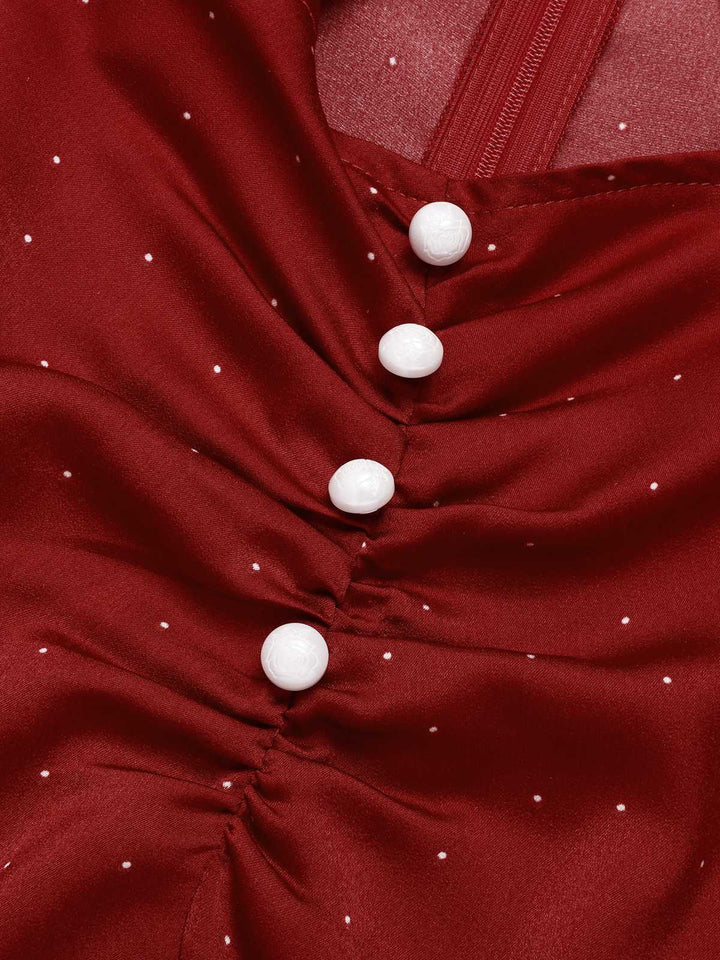 She slips into this Red 1960s Hollow Out Button Satin Dress and suddenly it&