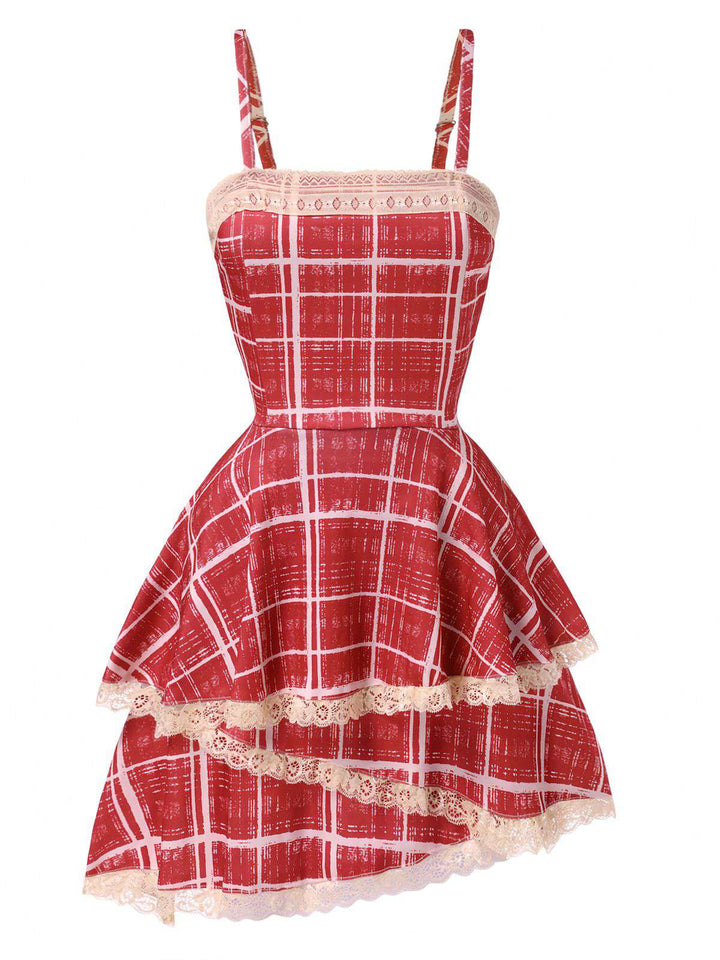 She slips into this Red 1960s Irregular Layered Hem Plaid Suspender Dress and suddenly it&