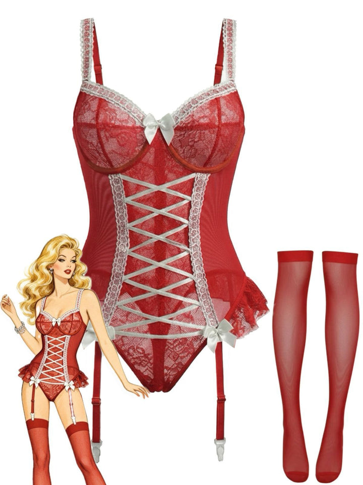 Red Lace Bow Corset Lingerie With Stocking - vintage fashion, retro style, elegant red