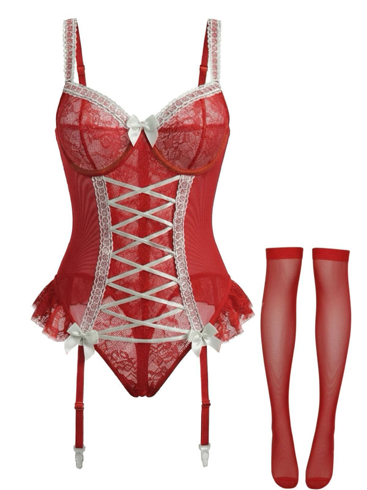 Red Lace Bow Corset Lingerie With Stocking - vintage fashion, retro style, elegant red