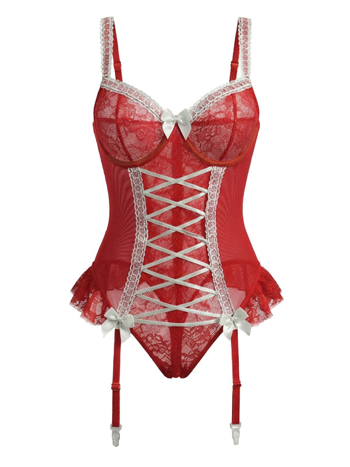 Red Lace Bow Corset Lingerie With Stocking - vintage fashion, retro style, elegant red