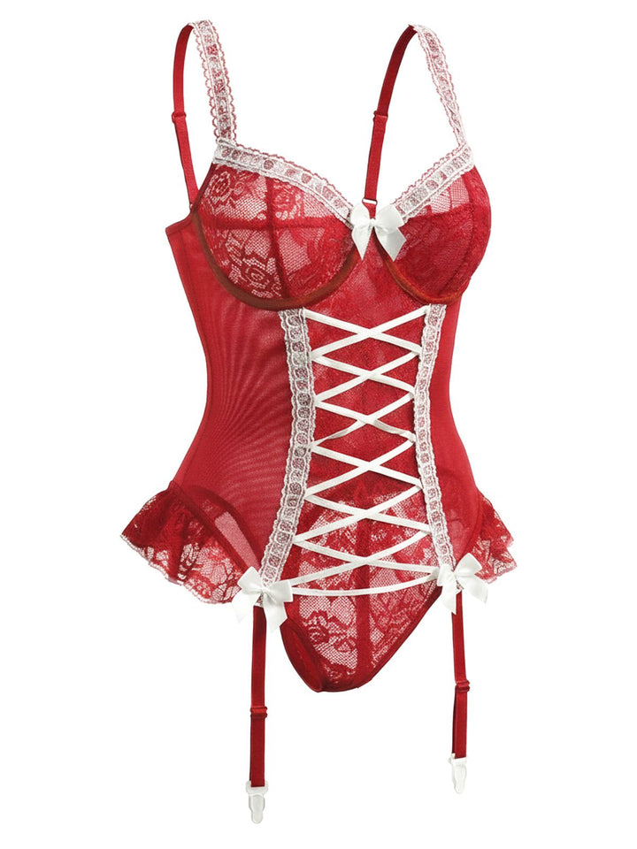 Red Lace Bow Corset Lingerie With Stocking - vintage fashion, retro style, elegant red