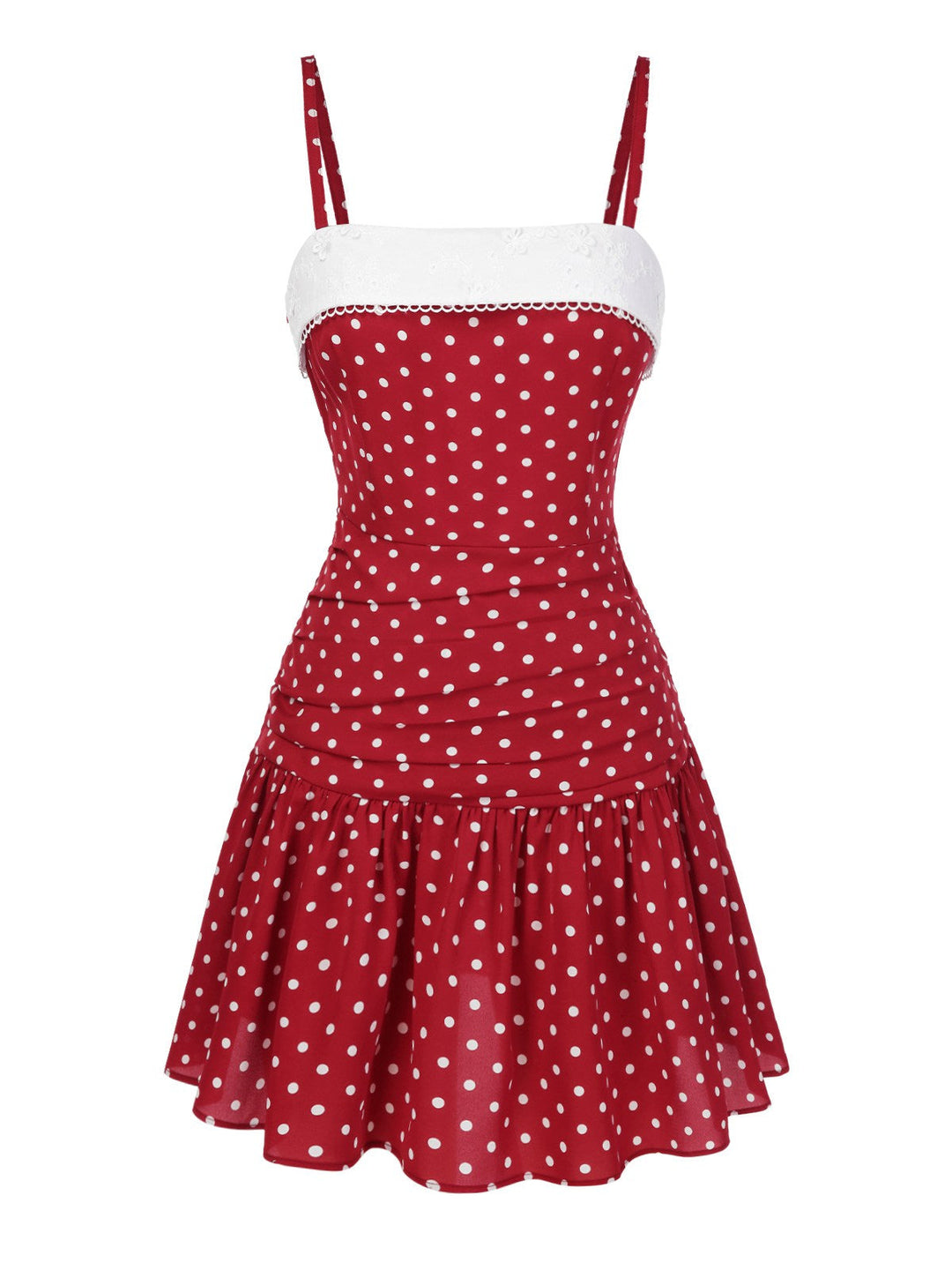 Red 1960s Lace Patchwork Polka Dots Pleated Dress - vintage dress, retro fashion, elegant red