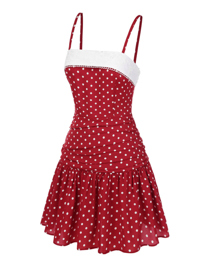 Red 1960s Lace Patchwork Polka Dots Pleated Dress - vintage dress, retro fashion, elegant red