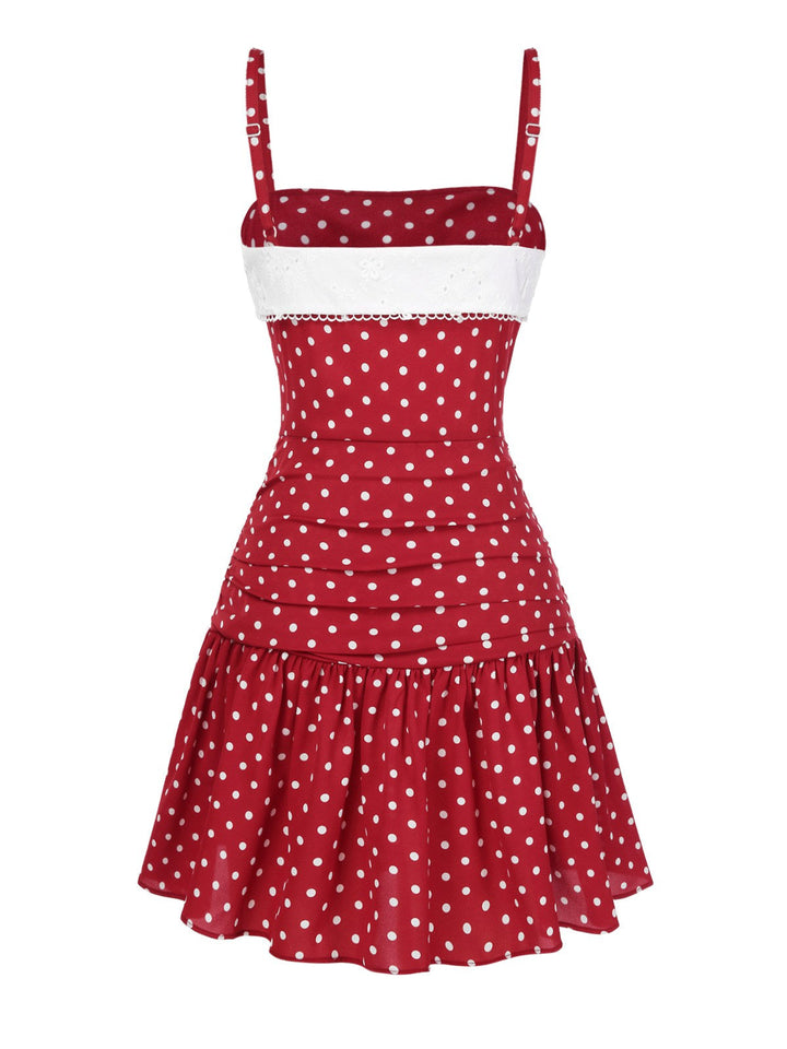 Red 1960s Lace Patchwork Polka Dots Pleated Dress - vintage dress, retro fashion, elegant red