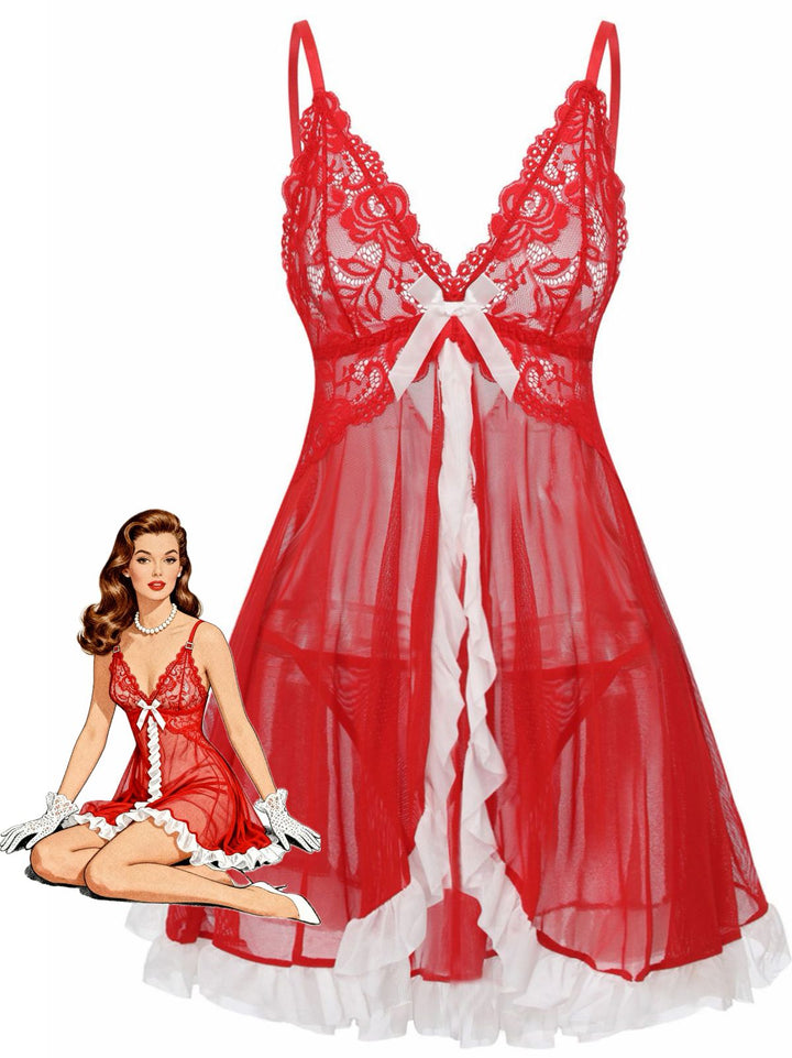 Red Lace Slip Nightgown Set - vintage nightgown, retro sleepwear, elegant red