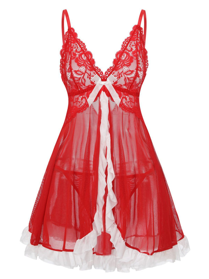 Red Lace Slip Nightgown Set - vintage nightgown, retro sleepwear, elegant red