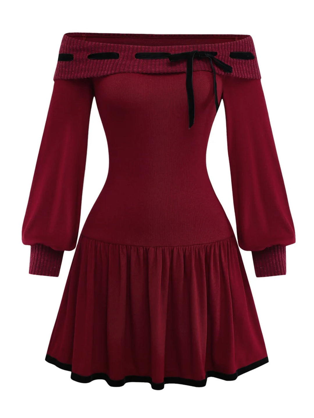Red 1960s Off-Shoulder Bow Knit Lantern Sleeve Dress, vintage dress, retro fashion - perfect for women who love vintage and retro fashion