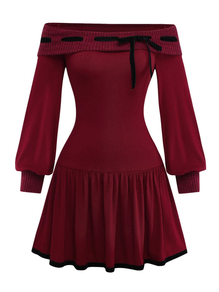 Red 1960s Off-Shoulder Bow Knit Lantern Sleeve Dress, vintage dress, retro fashion - perfect for women who love vintage and retro fashion