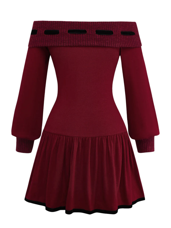 Red 1960s Off-Shoulder Bow Knit Lantern Sleeve Dress, vintage dress, retro fashion - perfect for women who love vintage and retro fashion