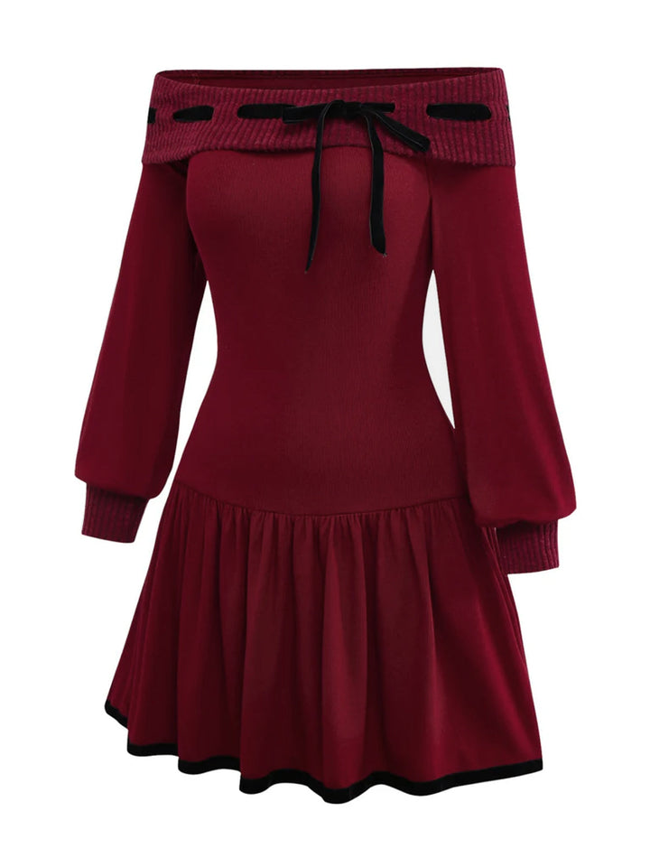 Red 1960s Off-Shoulder Bow Knit Lantern Sleeve Dress, vintage dress, retro fashion - perfect for women who love vintage and retro fashion