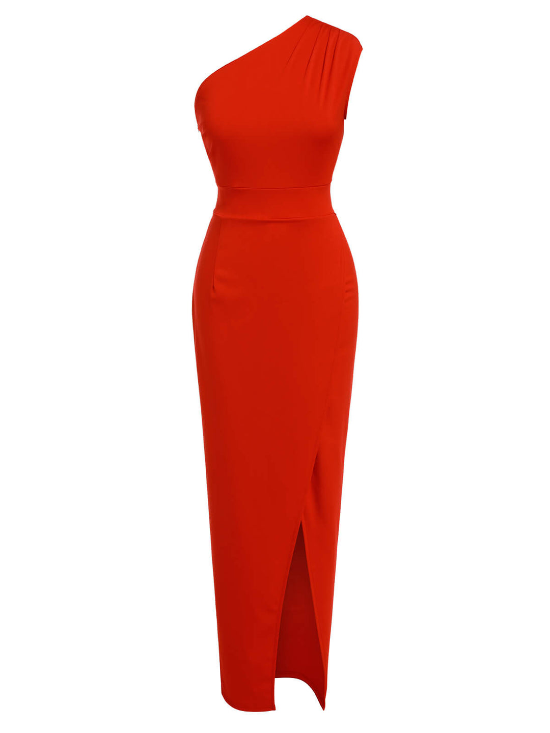 She slips into this Red 1960s One Shoulder Slit Long Dress and suddenly it&