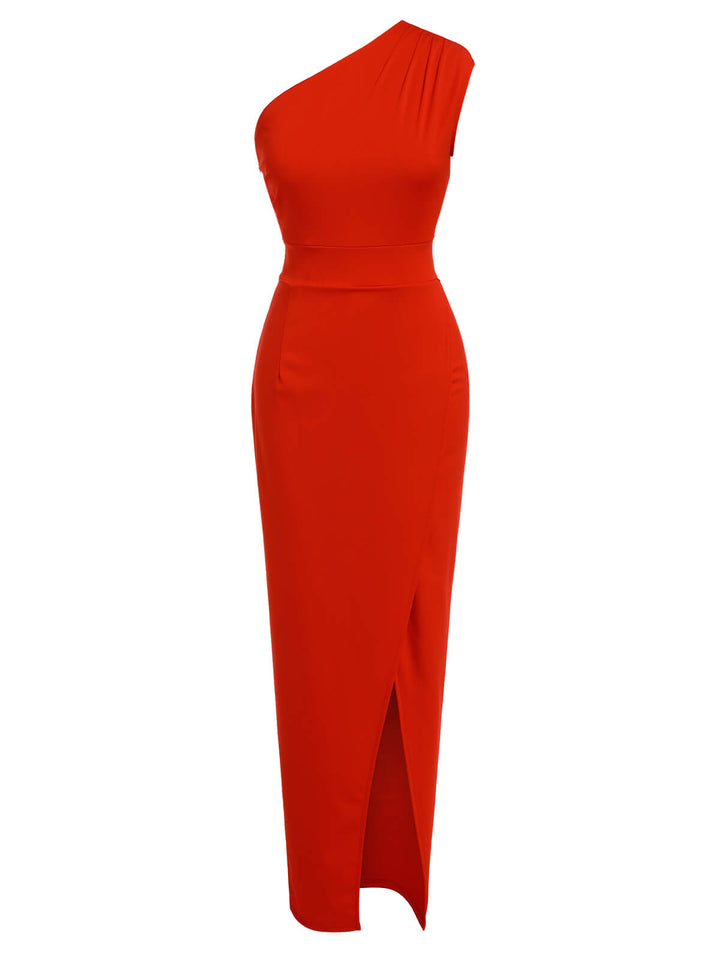 She slips into this Red 1960s One Shoulder Slit Long Dress and suddenly it&