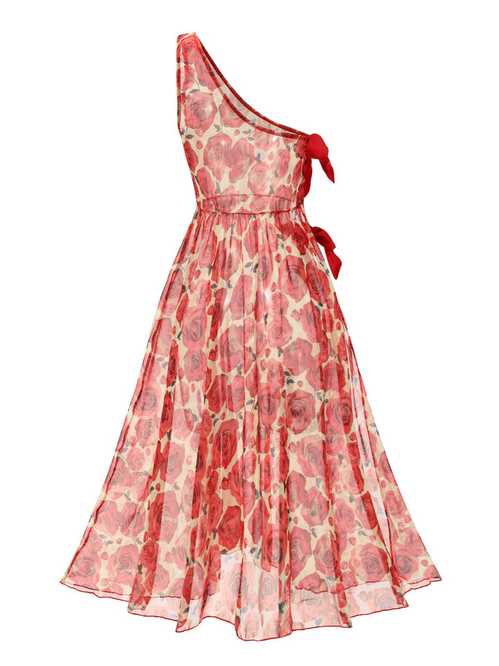 This 2PCS Red 1960s Glitter Ring Bikini Set &amp; Roses Cover-Up carries 1960s vacation dreams in every stitch