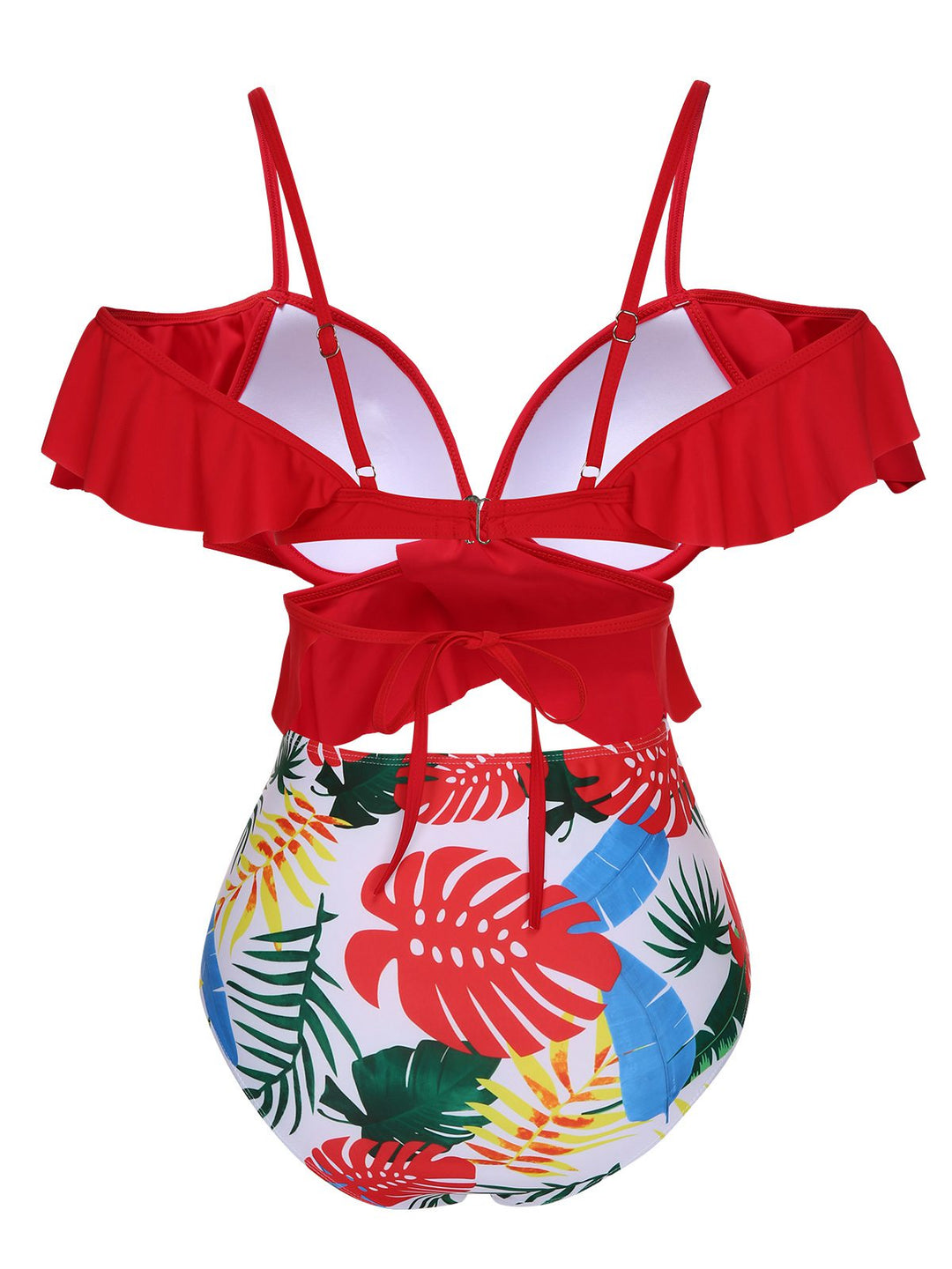This Red 1960s Ruffle Sleeves Tropical Plant Swimsuit carries 1960s vacation dreams in every stitch