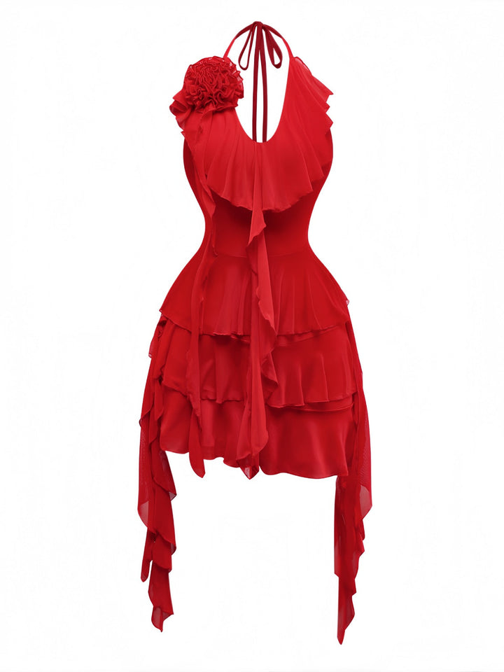 Red 1960s Ruffled 3D Floral Lace-Up Halter Dress, vintage dress, retro fashion, floral print, lace detail - perfect for women who love vintage and retro fashion