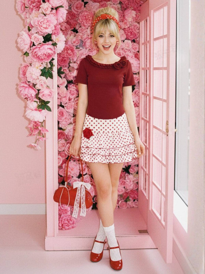 Red 1960s Ruffled Polka Dot Rose Mini Skirt - vintage skirt, retro style, elegant red