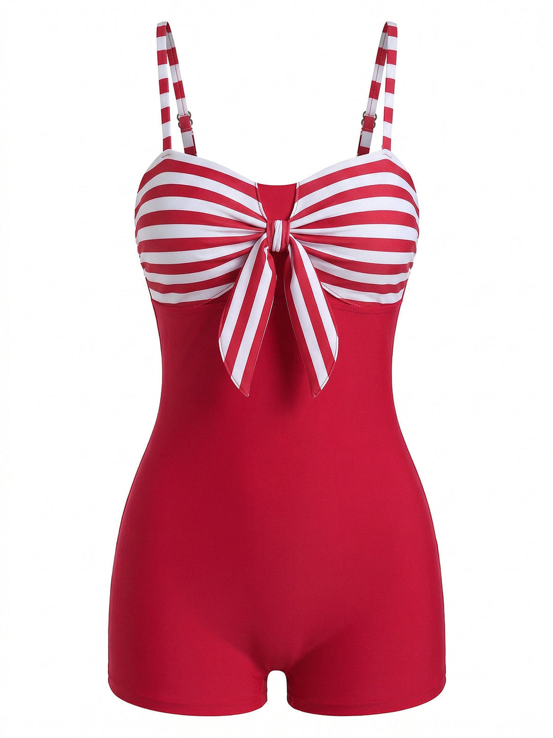 Red Bow Striped One-Piece Swimsuit - vintage swimsuit, swimwear for vintage lovers