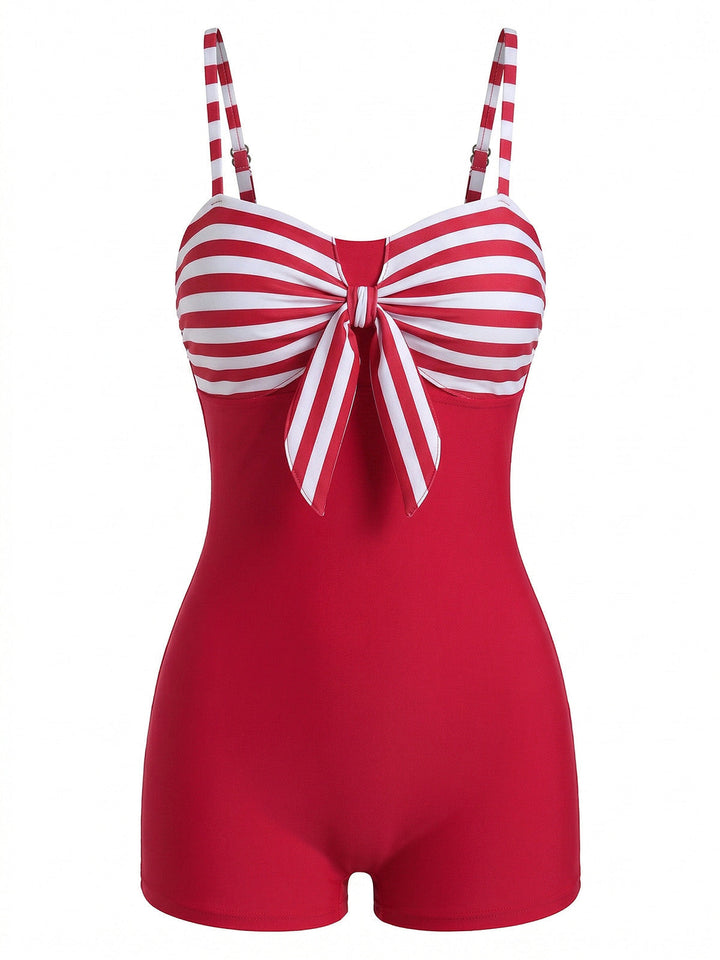 Red Bow Striped One-Piece Swimsuit - vintage swimsuit, swimwear for vintage lovers