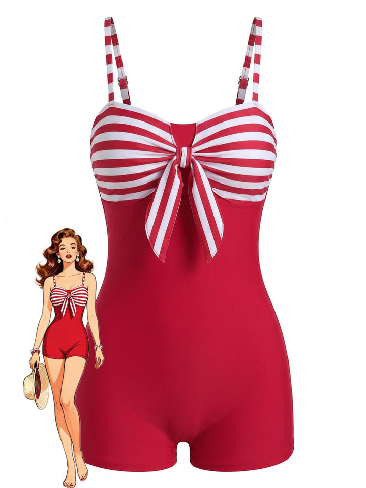 Red Bow Striped One-Piece Swimsuit - vintage swimsuit, swimwear for vintage lovers