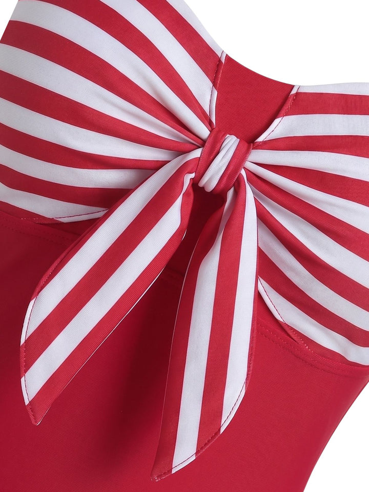 Red Bow Striped One-Piece Swimsuit - vintage swimsuit, swimwear for vintage lovers