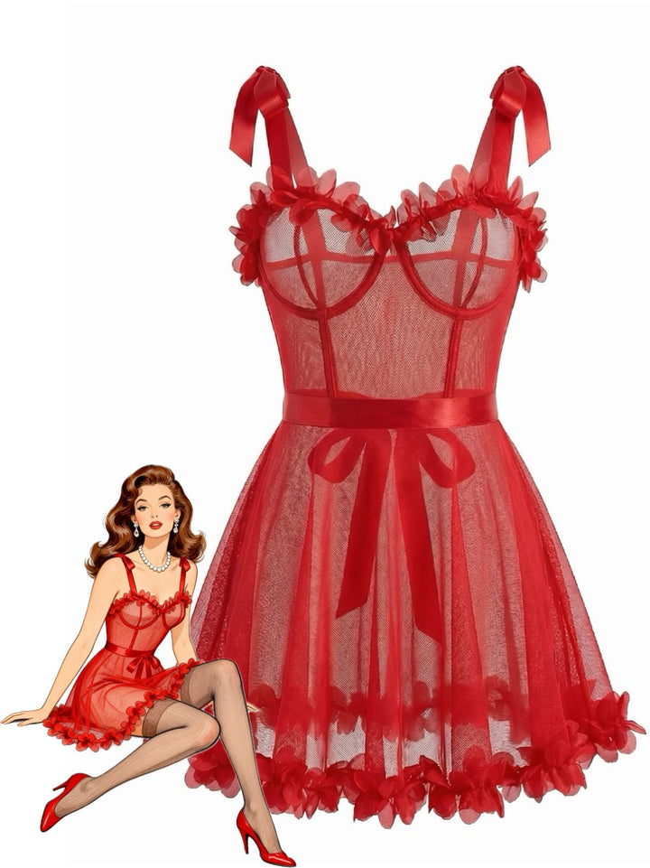 Red 1960s Solid 3D Floral Lace-Up Sleepwear - vintage nightgown, retro sleepwear, elegant red