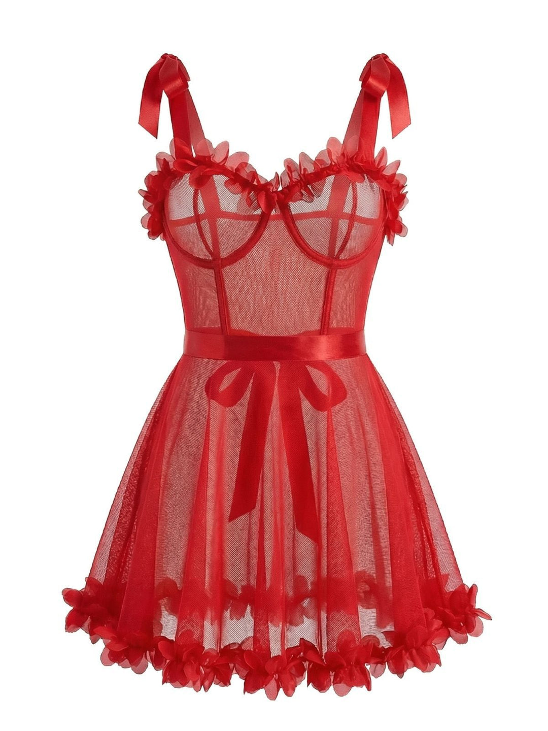 Red Solid 3D Floral Lace-Up Sleepwear - vintage nightgown, retro sleepwear, elegant red