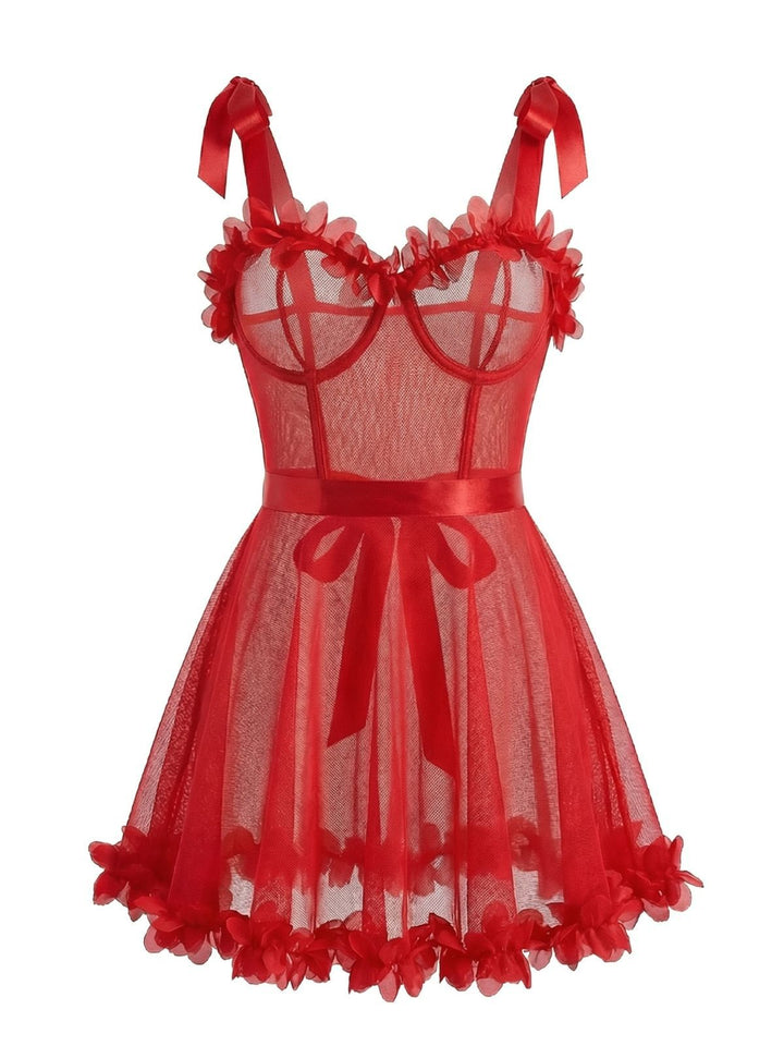 Red Solid 3D Floral Lace-Up Sleepwear - vintage nightgown, retro sleepwear, elegant red