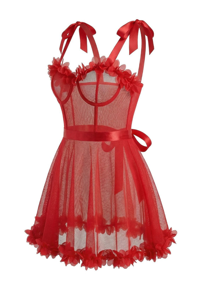 Red 1960s Solid 3D Floral Lace-Up Sleepwear - vintage nightgown, retro sleepwear, elegant red