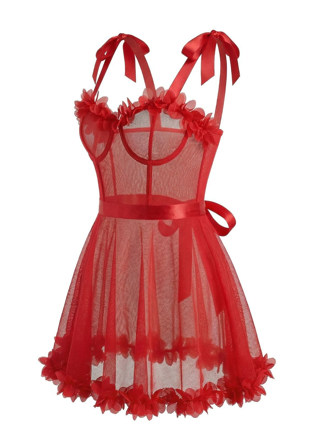 Red Solid 3D Floral Lace-Up Sleepwear - vintage nightgown, retro sleepwear, elegant red