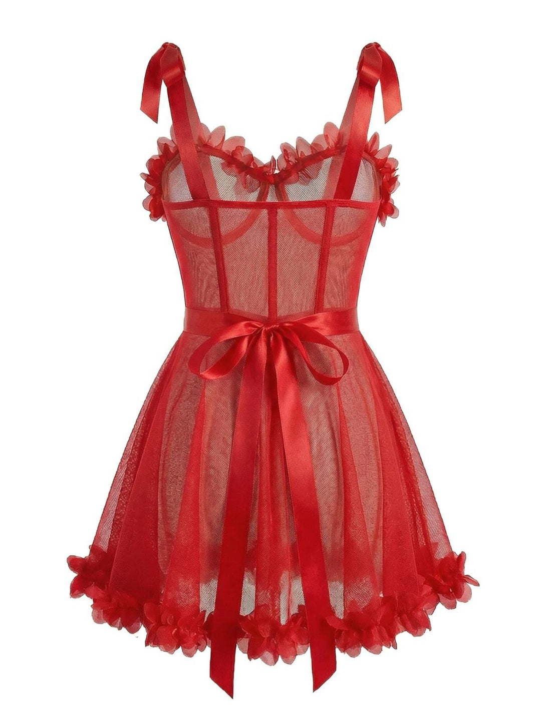 Red Solid 3D Floral Lace-Up Sleepwear - vintage nightgown, retro sleepwear, elegant red