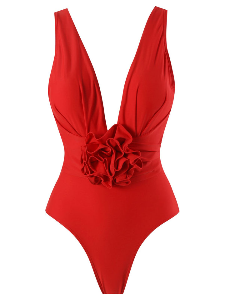 2PCS Red 1960s Solid 3D Flowers Swimsuit &amp; Cover-Up: 1960s Riviera elegance, reimagined for her