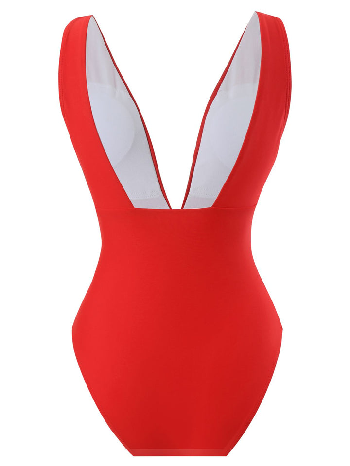 This 2PCS Red 1960s Solid 3D Flowers Swimsuit &amp; Cover-Up carries 1960s vacation dreams in every stitch