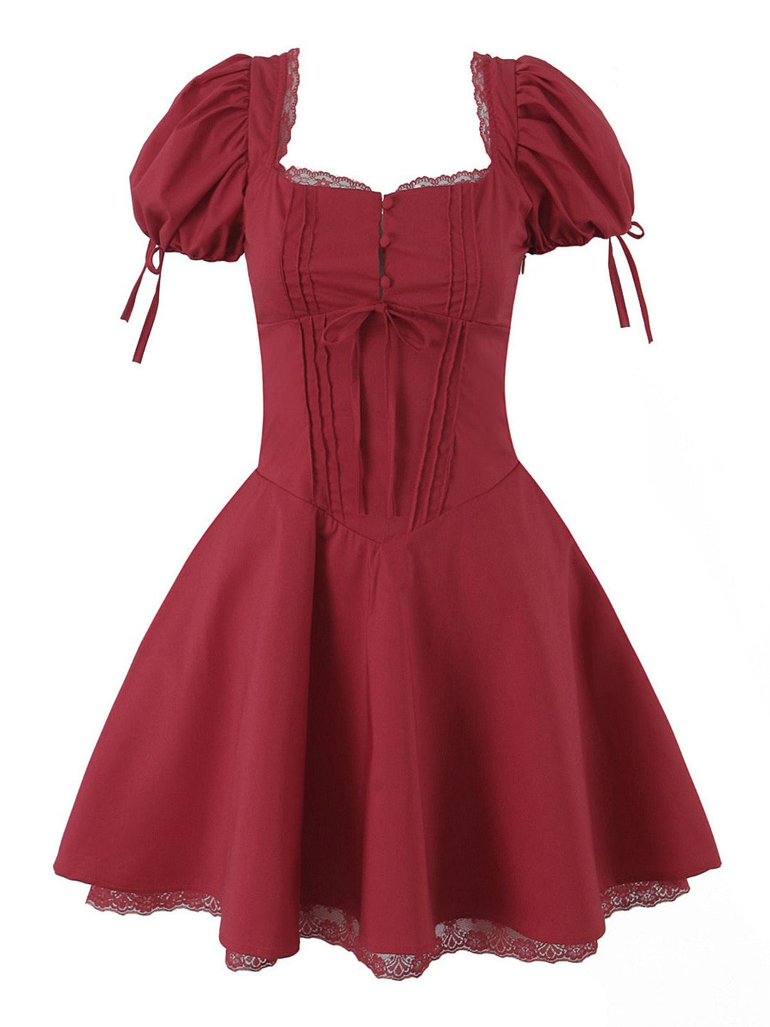 Red 1960s Solid Puff Sleeve Lace-up Dress - vintage dress, retro fashion, elegant red