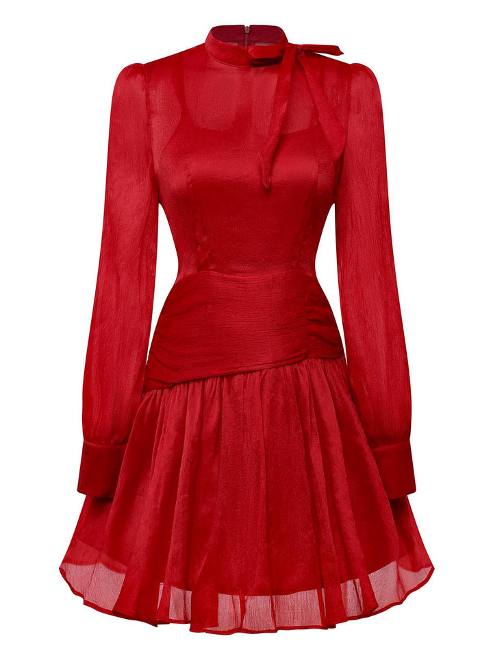 Red 1960s Solid Ruched Tie Neck Long Sleeve Dress - vintage dress, retro fashion, elegant red