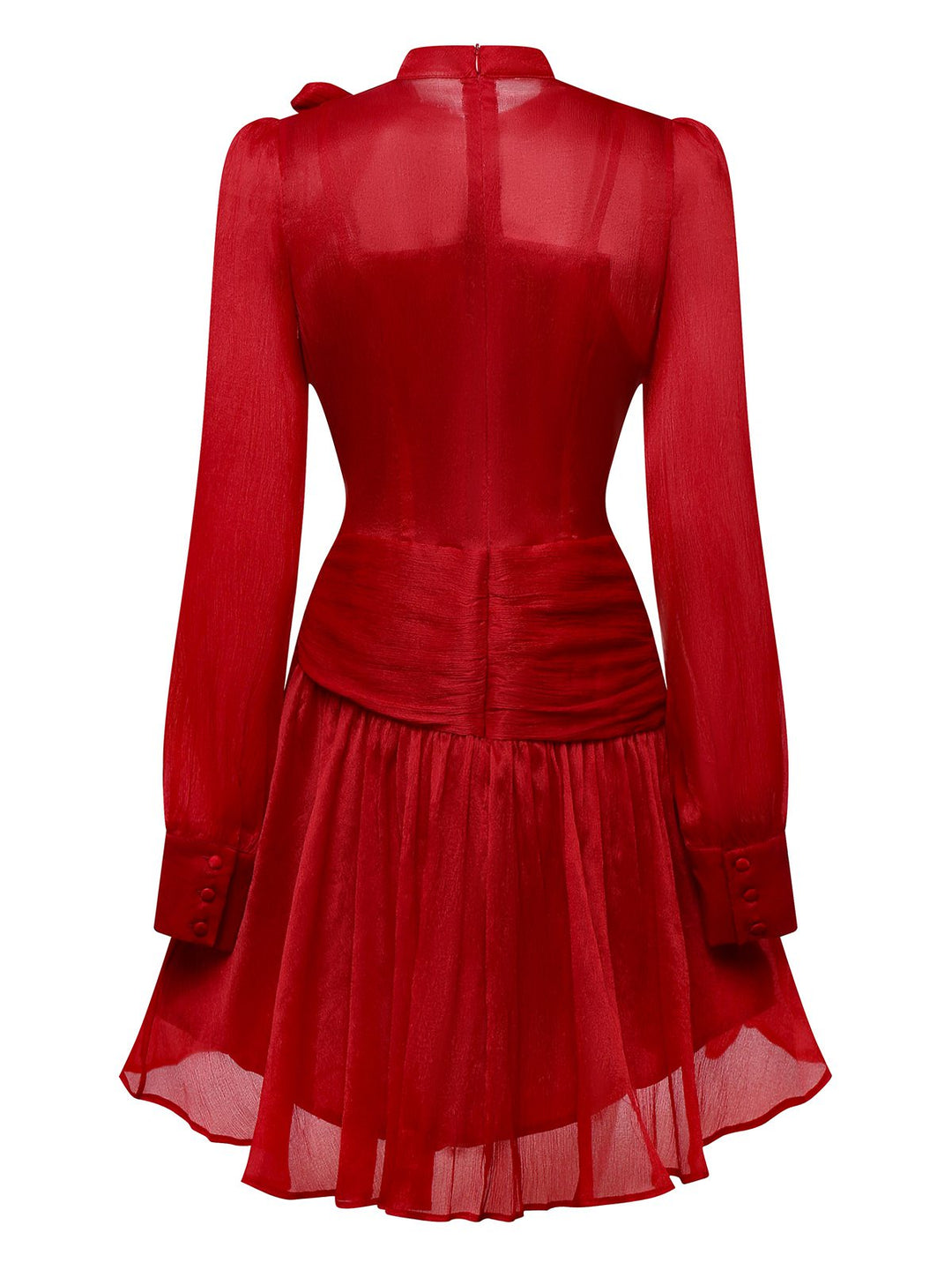 Red 1960s Solid Ruched Tie Neck Long Sleeve Dress - vintage dress, retro fashion, elegant red