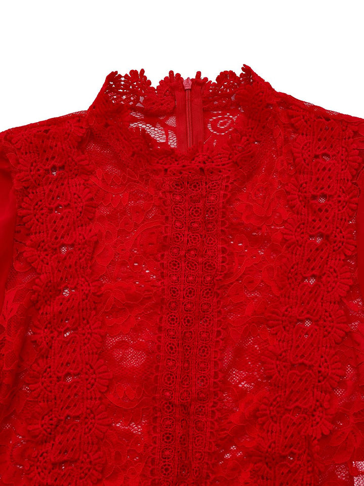 Red 1960s Solid Sheer Lace Long Sleeve Jumpsuit - vintage jumpsuit, retro fashion, elegant red
