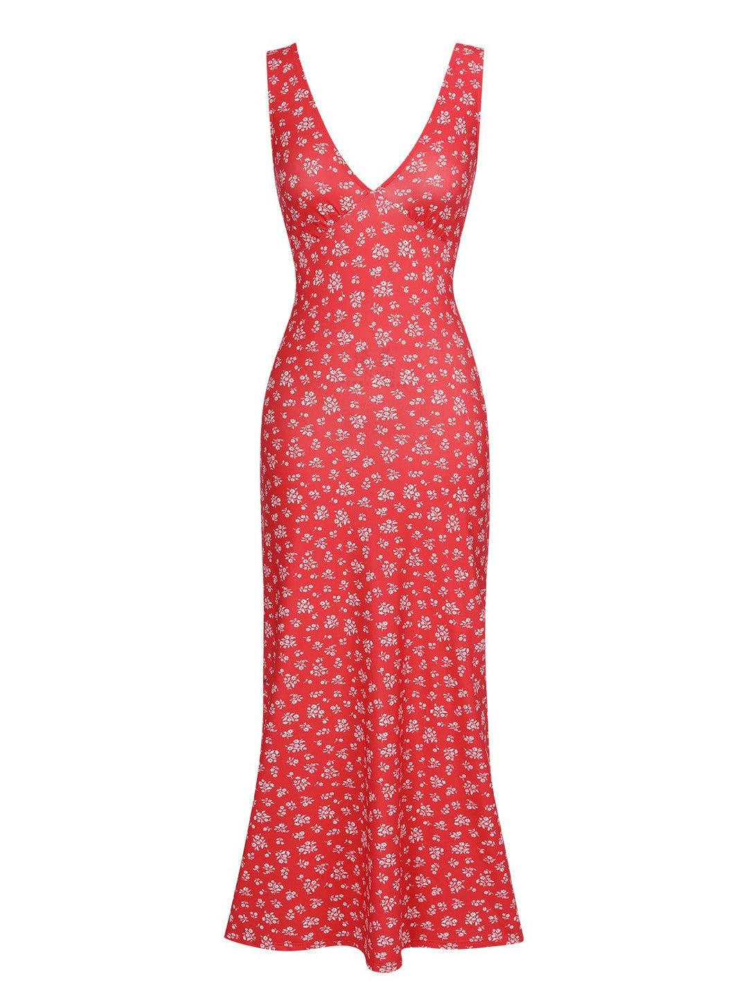 She slips into this Red 1960s V-Neck Ditsy Floral Dress and suddenly it&