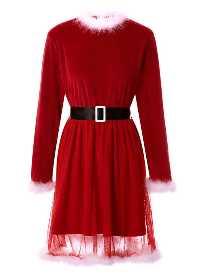 She slips into this Red 1960s Velvet Mesh Patchwork Belted Dress and suddenly it&