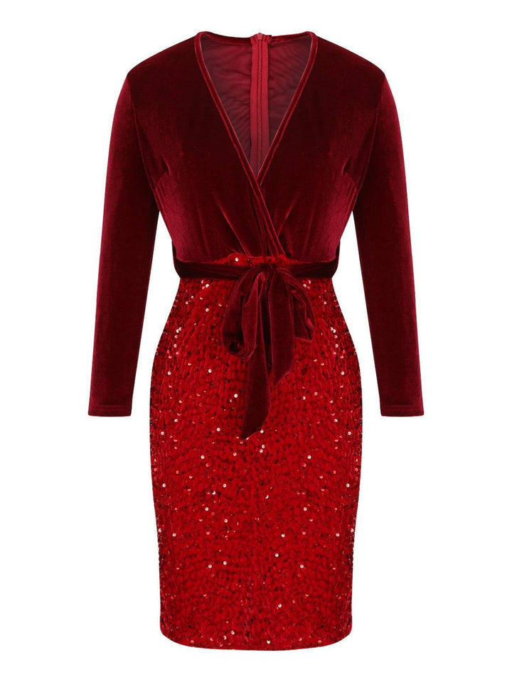 Red 1960s Velvet Sequined Patchwork Pencil Dress, vintage dress, retro fashion - perfect for women who love vintage and retro fashion