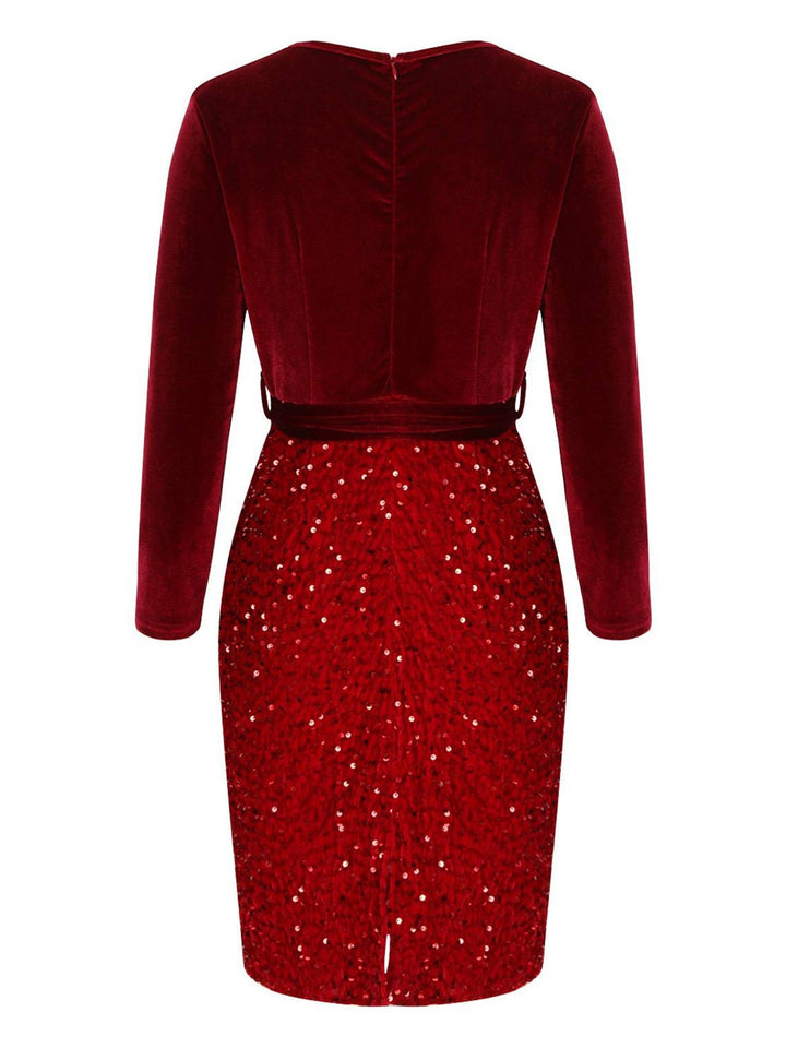 Red 1960s Velvet Sequined Patchwork Pencil Dress, vintage dress, retro fashion - perfect for women who love vintage and retro fashion