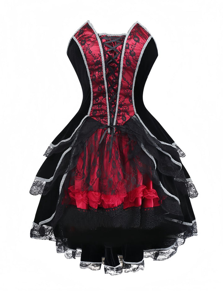 Red 1970s Bat Strapless Lace High-Low Hem Dress - vintage dress, retro fashion, elegant red