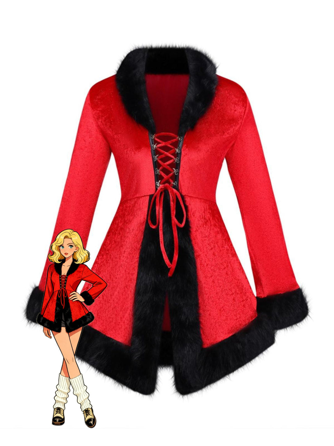 Red 1970s Christmas Fur-Trim Lace Up Velvet Dress - vintage dress, retro fashion, elegant red